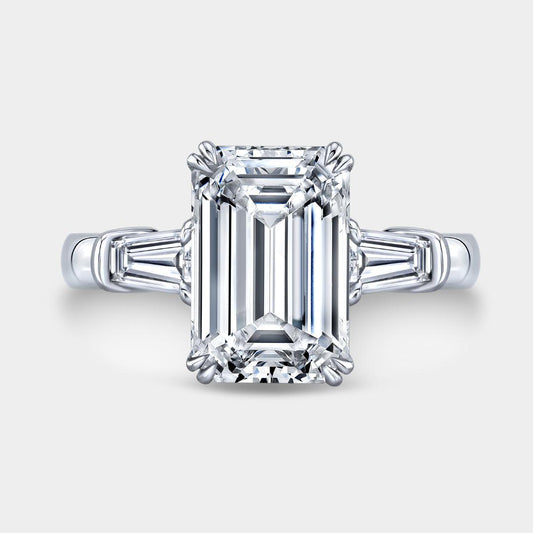 Emerald Diamond Three Stone with Tapered Baguettes Double Claw Prong Platinum Engagement Ring
