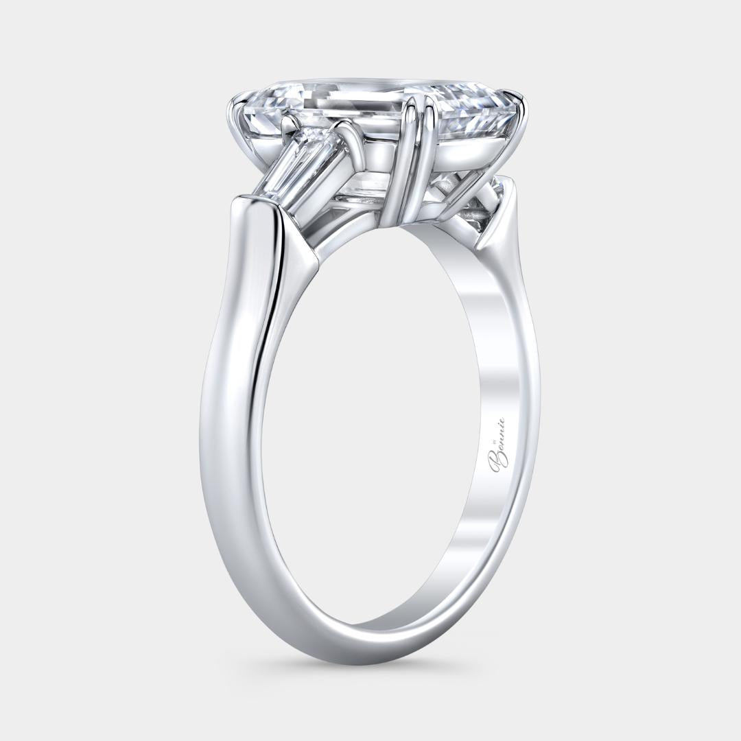 Emerald Diamond Three Stone with Tapered Baguettes Double Claw Prong Platinum Engagement Ring