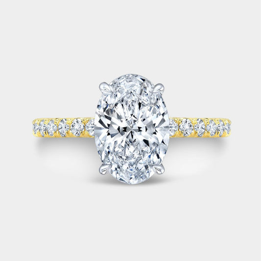 Oval Diamond Hidden Halo with French Pave Yellow Gold And Platinum Engagement Ring
