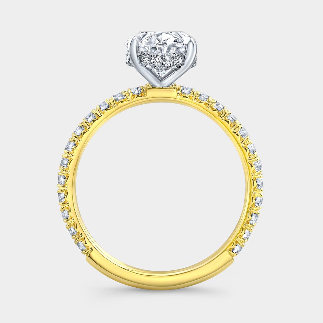 Oval Diamond Hidden Halo with French Pave Yellow Gold And Platinum Engagement Ring