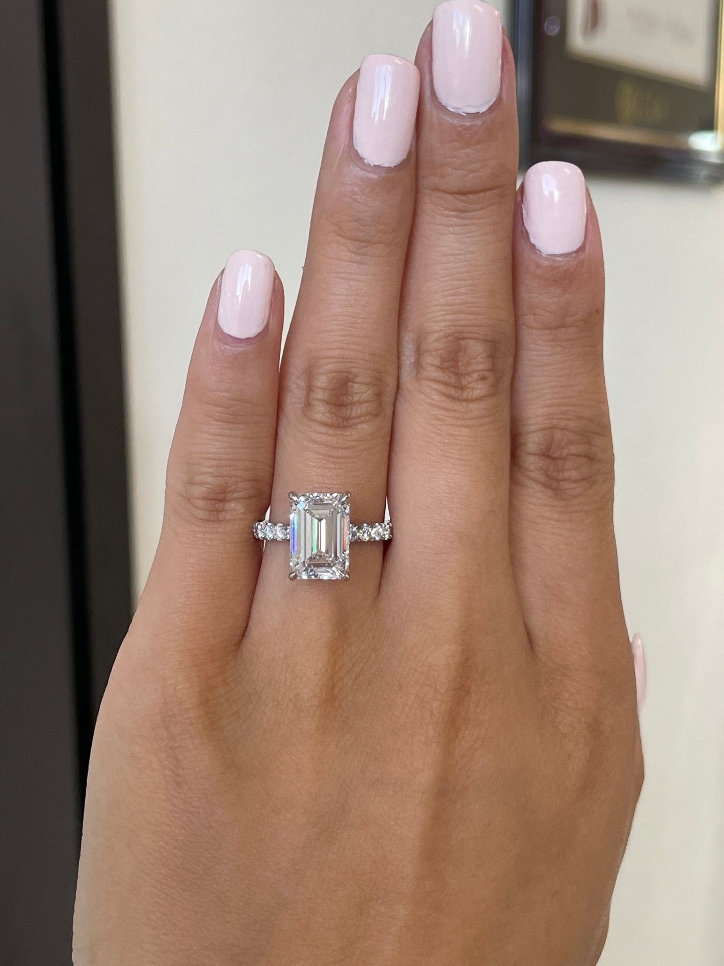 Emerald Diamond Extra Low Profile Hidden Halo U Pave White Gold Engagement Ring