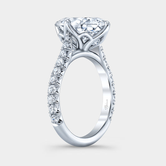 Oval diamond ring, north-south setting, tulip cathedral, French pave band.