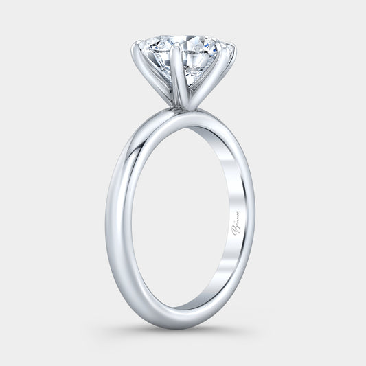Platinum diamond ring on hand, round solitaire.