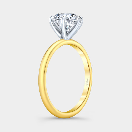 Two tone diamond ring on hand, round solitaire.
