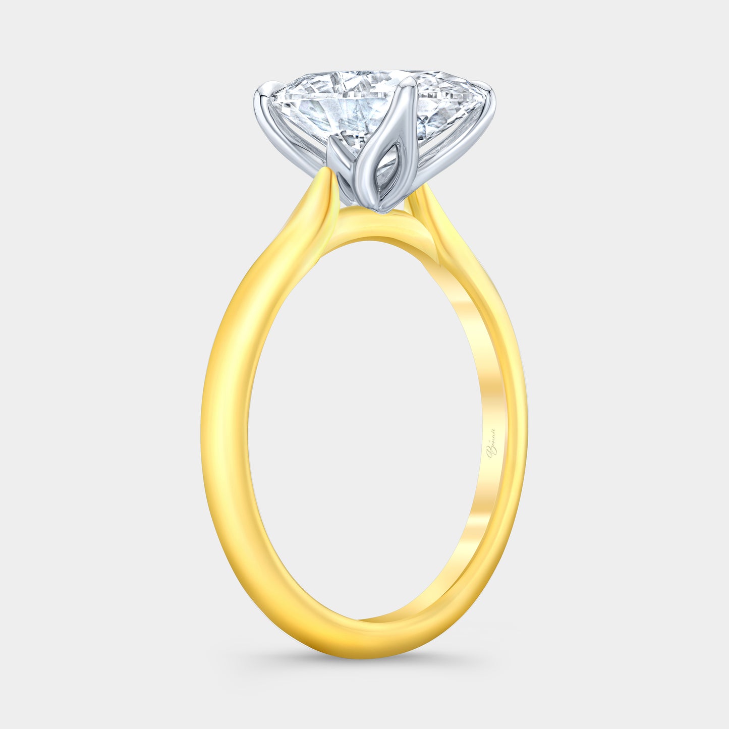 Oval Diamond Tulip Basket Tapered Cathedral Solitaire Yellow Gold And Platinum Engagement Ring