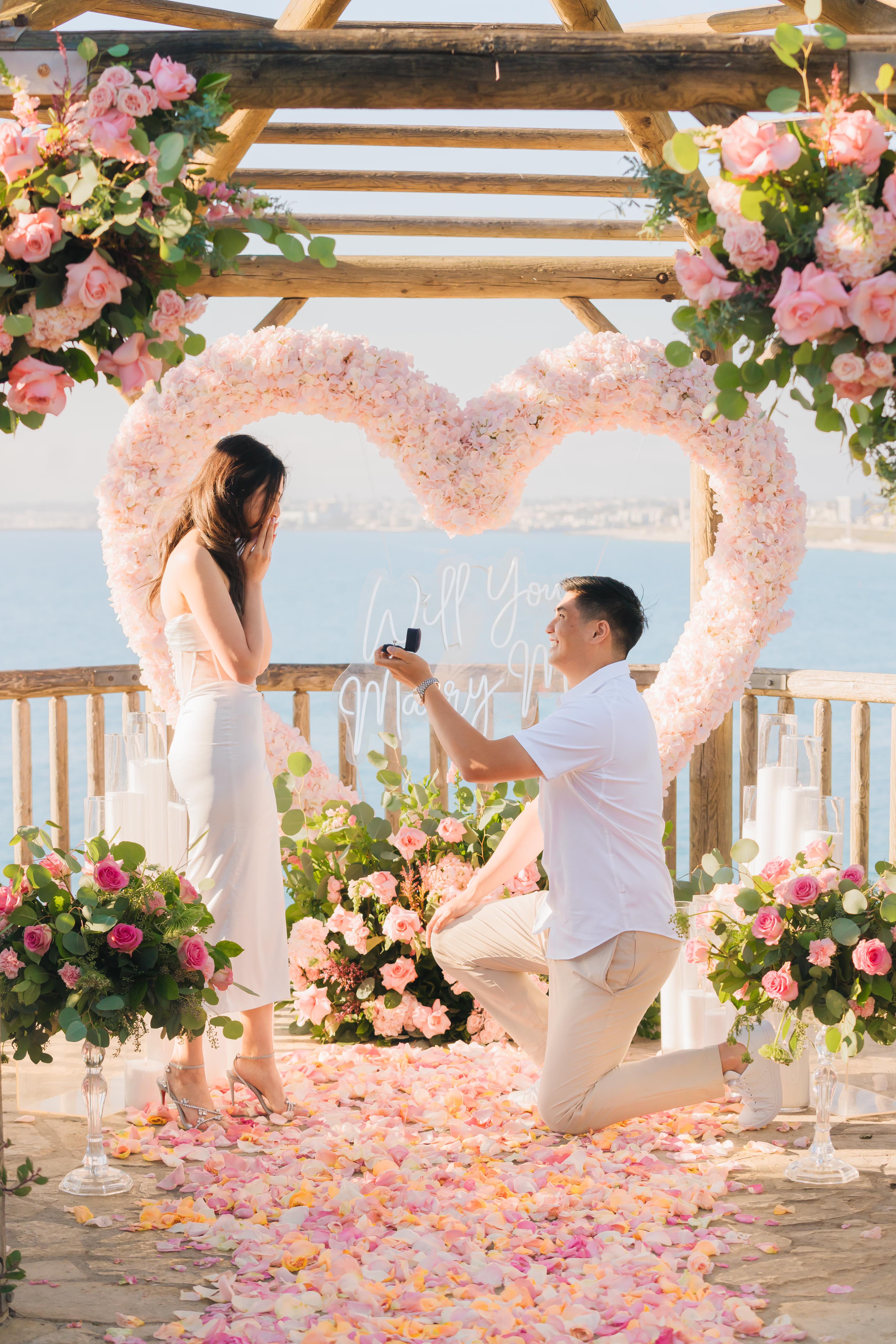 Romantic proposal with a By Bonnie engagement ring, featuring a heart-shaped rose arch