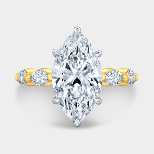2.52ct Lab Grown Marquise Diamond Five Stone Hidden Halo Yellow Gold And Platinum Engagement Ring