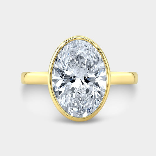 3.11ct Lab Grown Oval Diamond Bezel Set Tulip Solitaire Yellow and Platinum Gold Engagement Ring