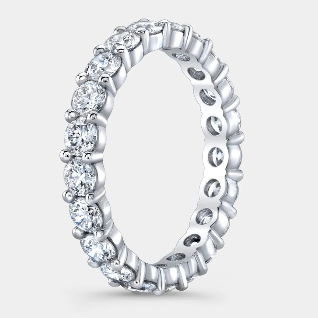 Platinum Eternity Band, Round Diamonds, Shared Prong.