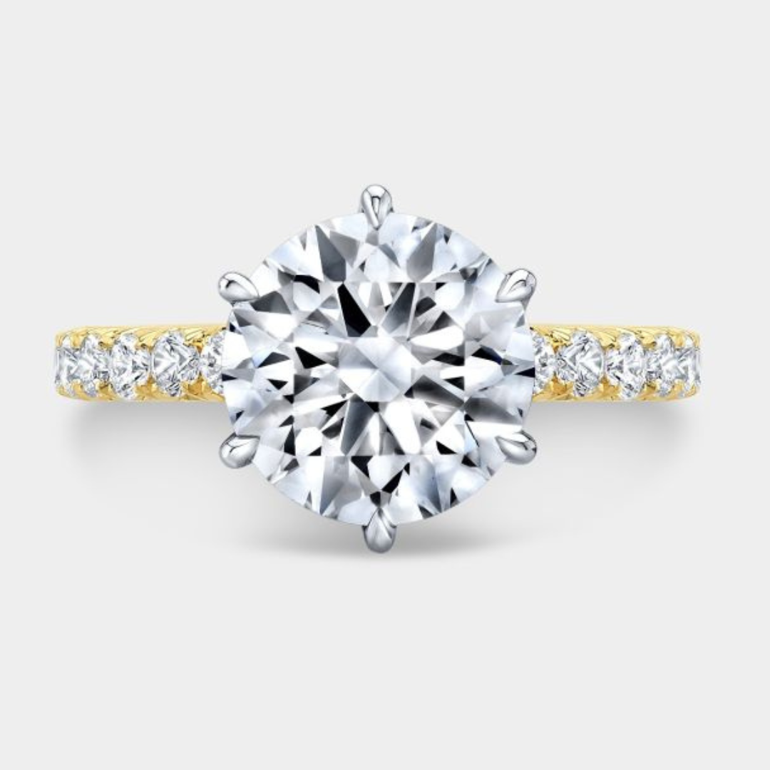 Round ring, top down, pave, two tone setting.