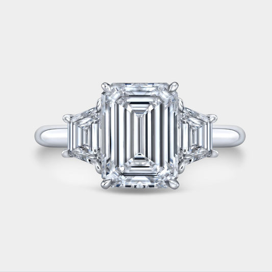 Emerald Diamond Trapezoid Cathedral Three Stone Platinum Engagement Ring