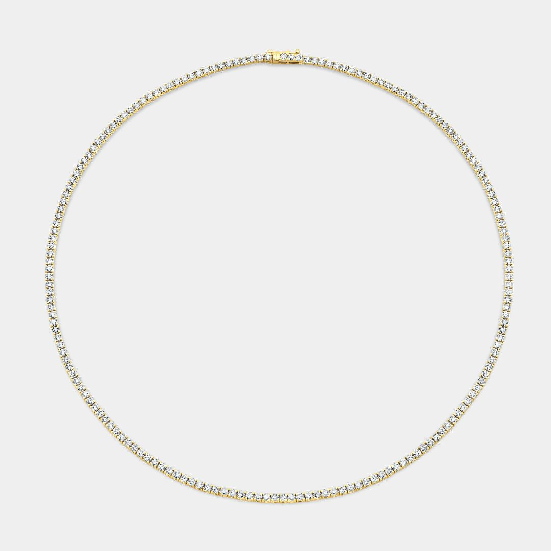 Yellow gold tennis necklace, round lab grown diamonds.