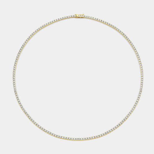 Yellow gold tennis necklace, round lab grown diamonds.