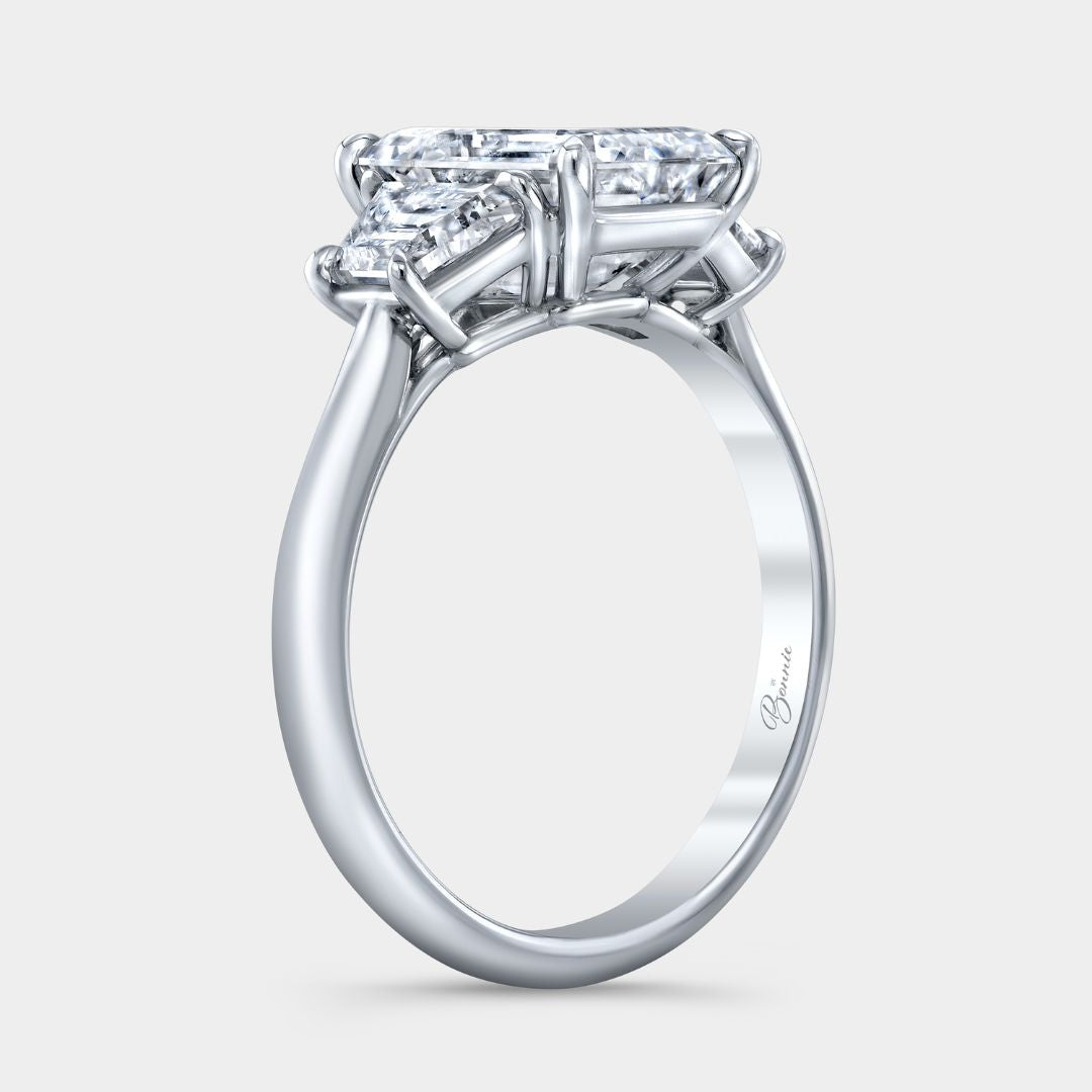 Emerald Diamond Trapezoid Cathedral Three Stone Platinum Engagement Ring