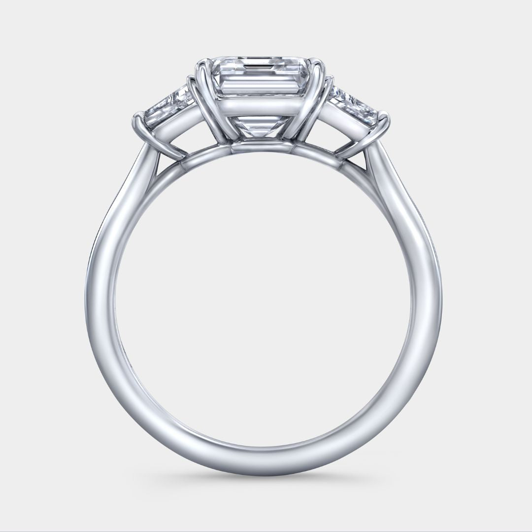Emerald Diamond Trapezoid Cathedral Three Stone Platinum Engagement Ring