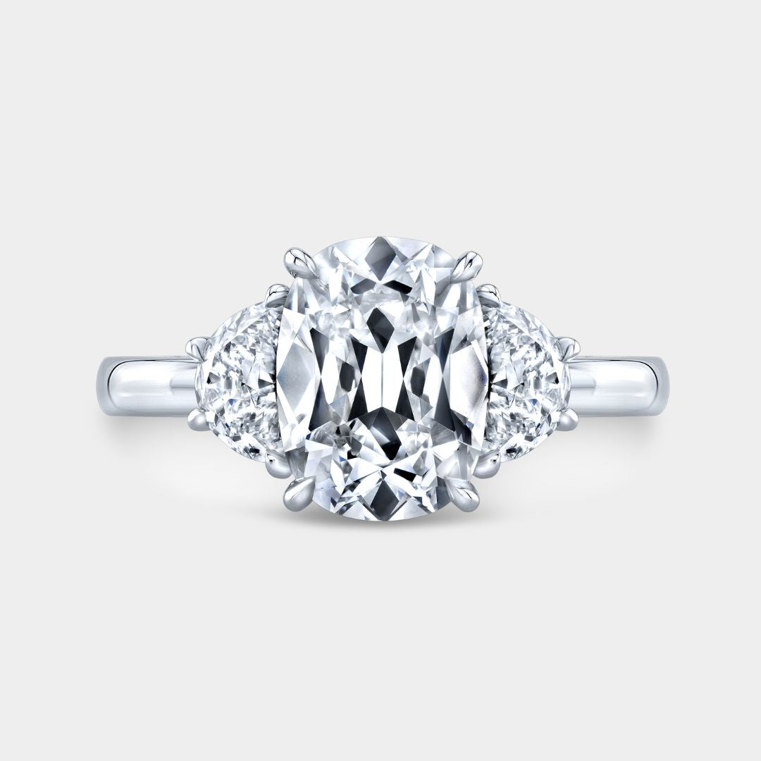 Cushion Diamond Old Mine with Half Moon Diamond 3 Stone Platinum Engagement Ring
