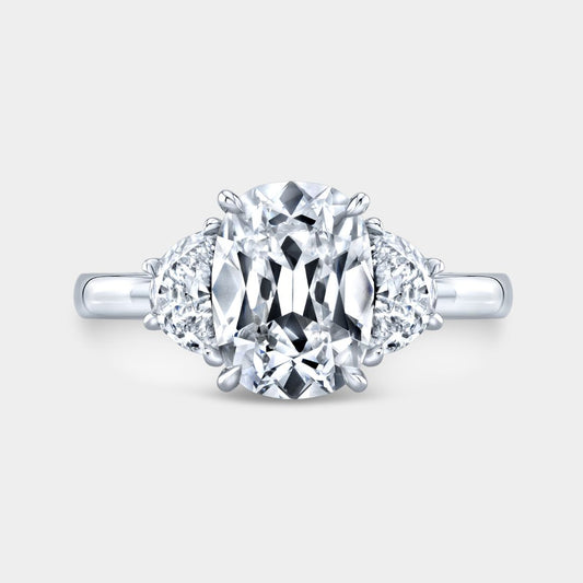 Cushion Diamond Old Mine with Half Moon Diamond 3 Stone Platinum Engagement Ring