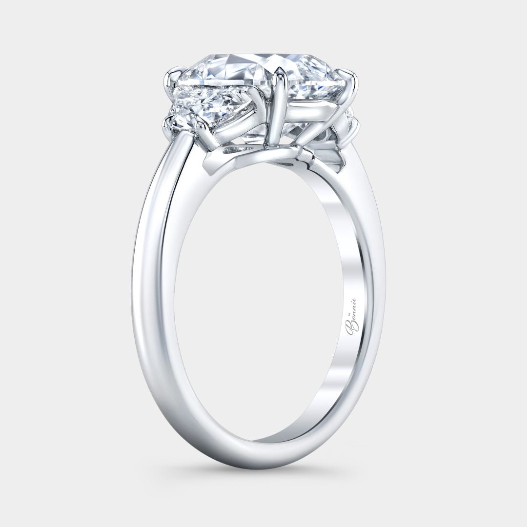 Cushion Diamond Old Mine with Half Moon Diamond 3 Stone Platinum Engagement Ring