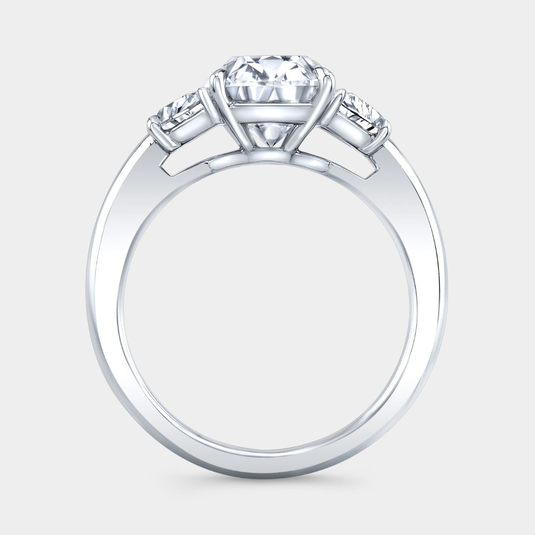 Cushion Diamond Old Mine with Half Moon Diamond 3 Stone Platinum Engagement Ring