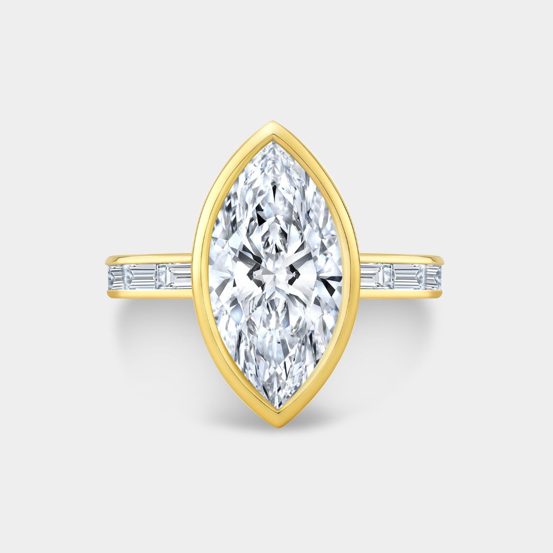Marquise Bezel with East West Baguette Side Diamonds Yellow Gold Engagement Ring