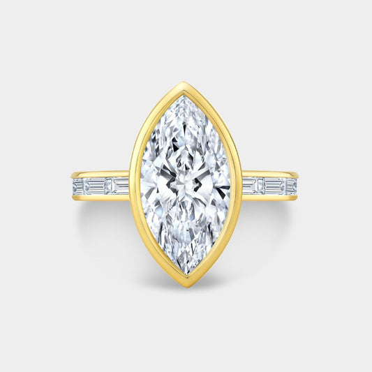 Marquise Bezel with East West Baguette Side Diamonds Yellow Gold Engagement Ring