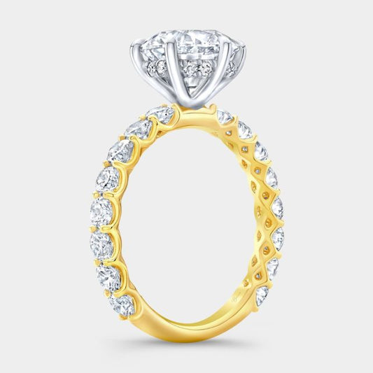 Round diamond halo ring, yellow gold band.