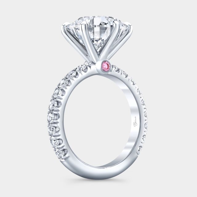 Round diamond U pave ring, pink accent.