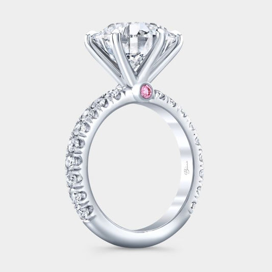 Round diamond U pave ring, pink accent.