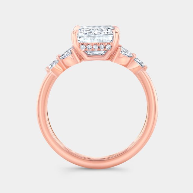Rose gold halo ring, side view.