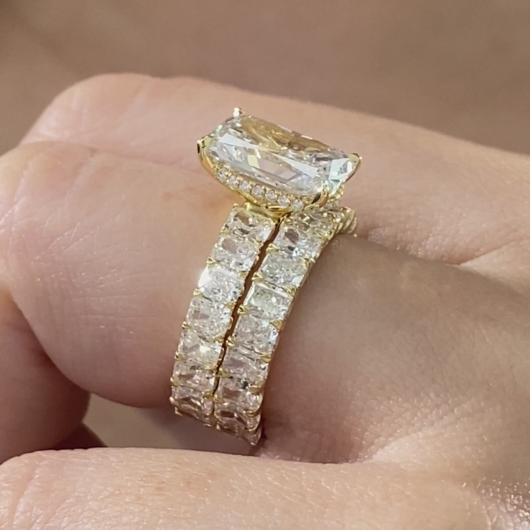 Radiant diamond yellow gold band video, worn on hand.