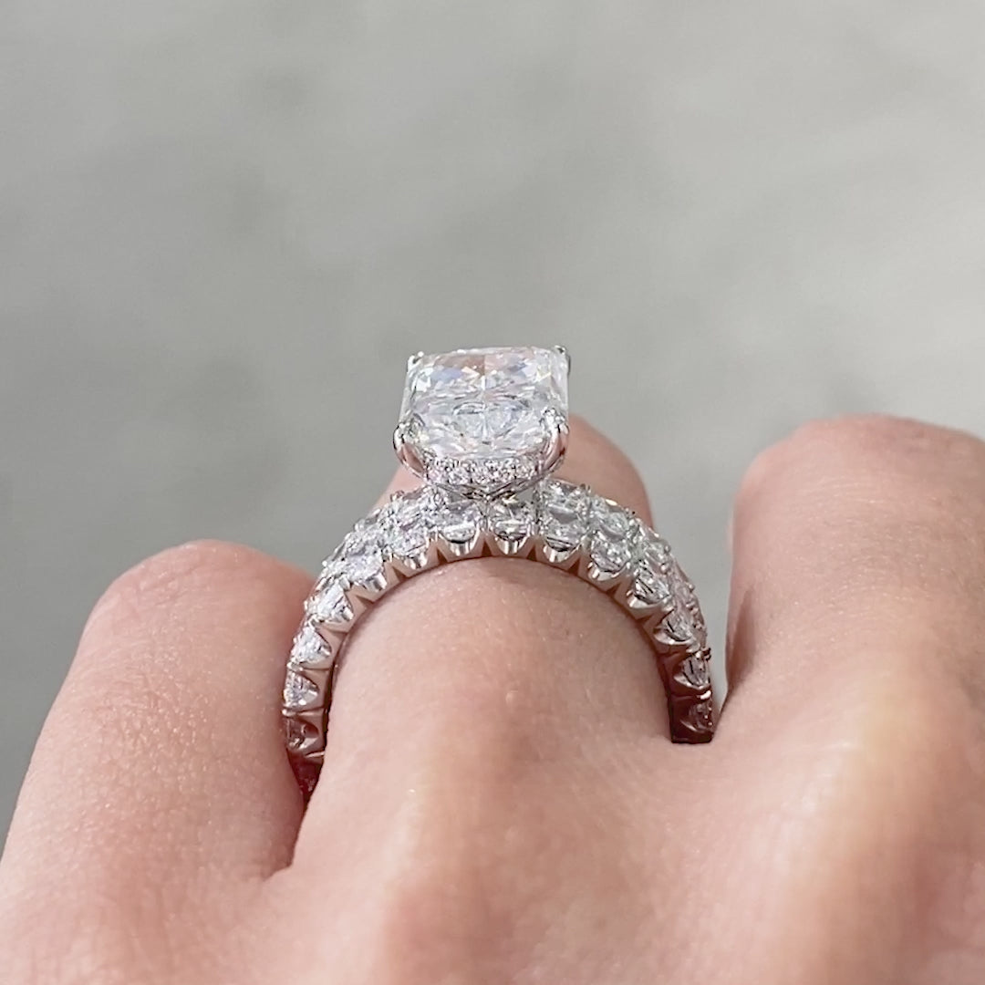 Radiant diamond platinum band video, worn on hand.