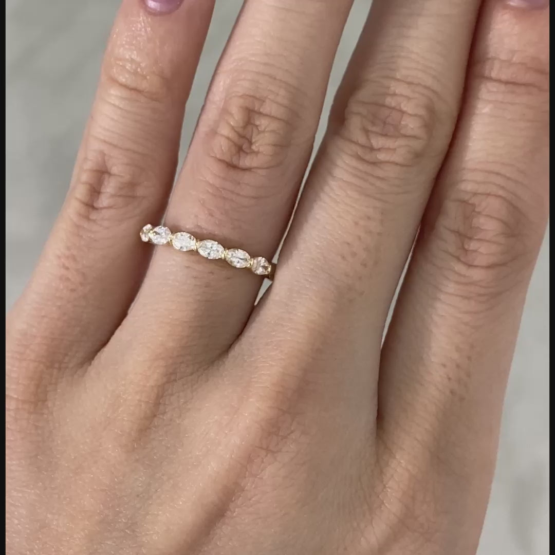 East West Oval Diamond 1/2 Way Band, Yellow Gold.