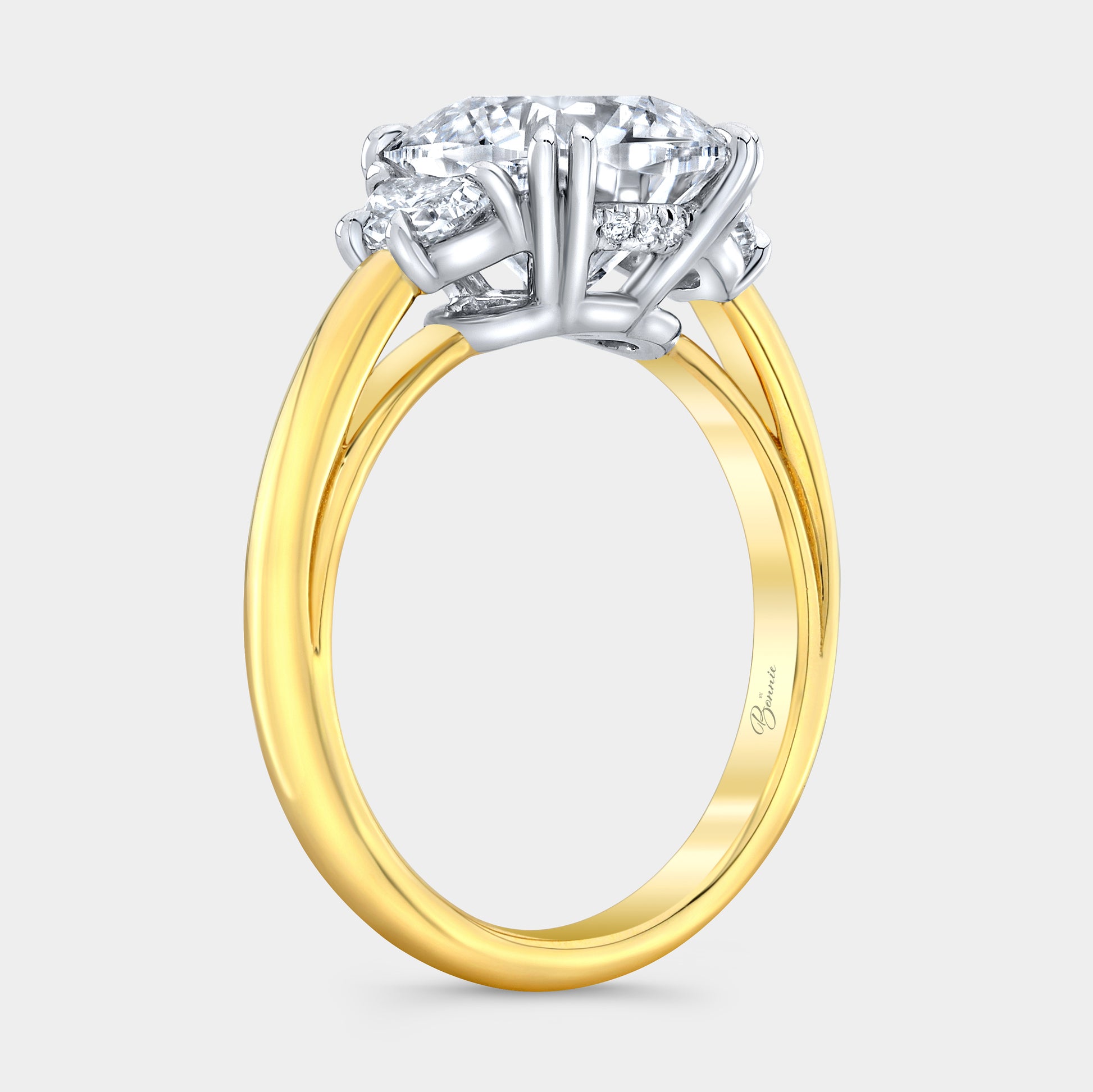 Cushion Diamond Hidden Halo with Half Moon Three Stone Yellow Gold