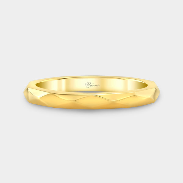 Yellow Gold Wedding Band, Faceted Geometric Design.