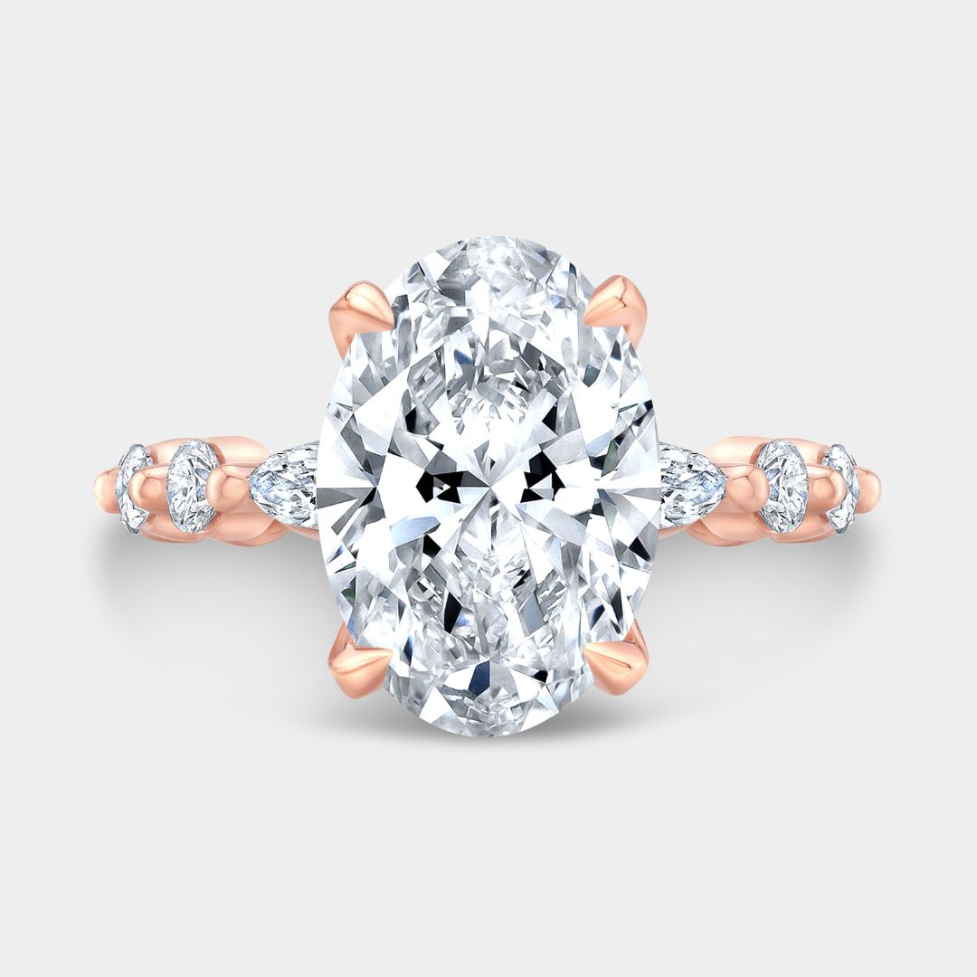 Oval Diamond Tulip With Full Diamond Basket with Round & Marquise Diamond Band Rose Gold Engagement Ring