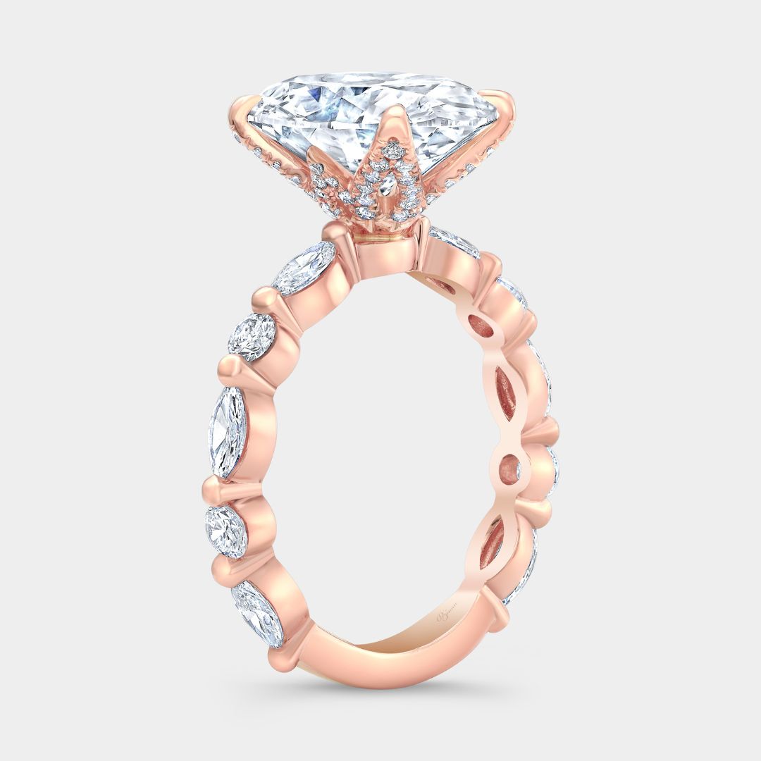 Oval Diamond Tulip With Full Diamond Basket with Round & Marquise Diamond Band Rose Gold Engagement Ring