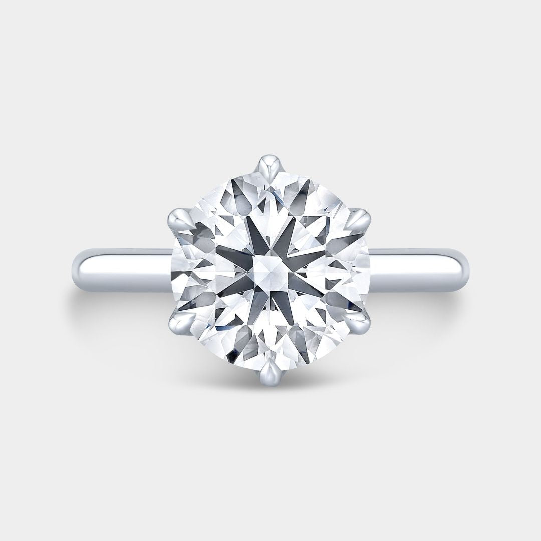 Round Diamond Tulip Basket 6 Prong Pave Diamond Bridge Low Tapered Cathedral Solitaire Platinum Engagement Ring