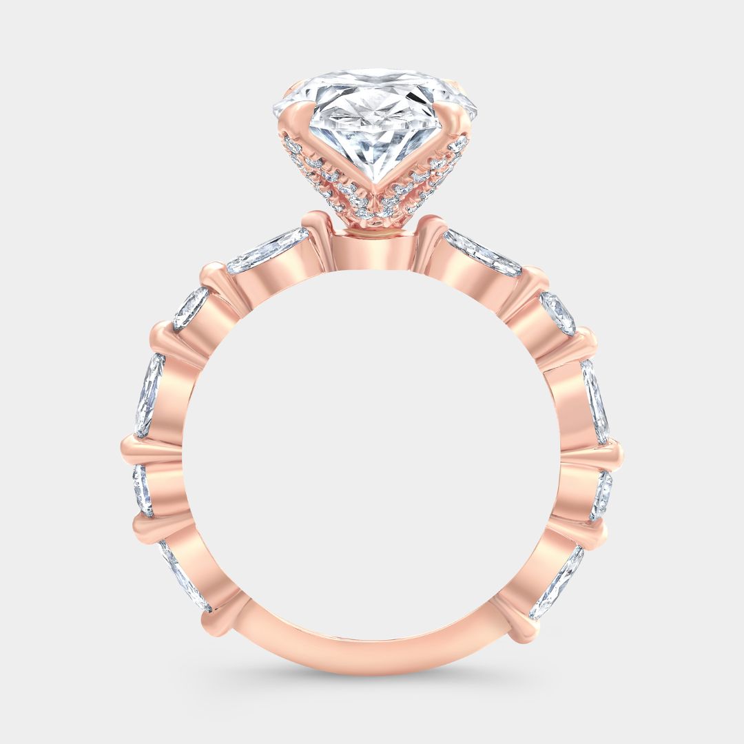 Oval Diamond Tulip With Full Diamond Basket with Round & Marquise Diamond Band Rose Gold Engagement Ring