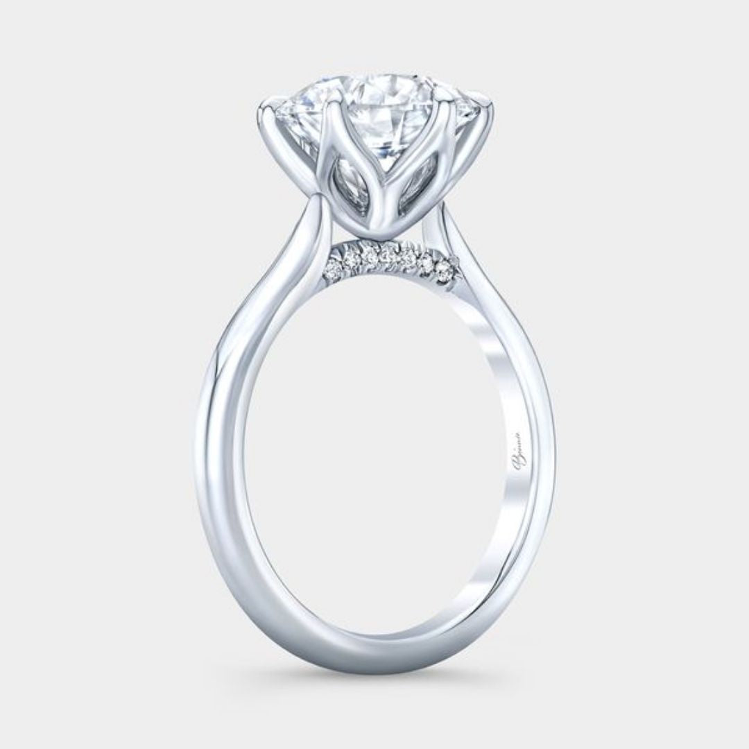 Round Diamond Tulip Basket 6 Prong Pave Diamond Bridge Low Tapered Cathedral Solitaire Platinum Engagement Ring