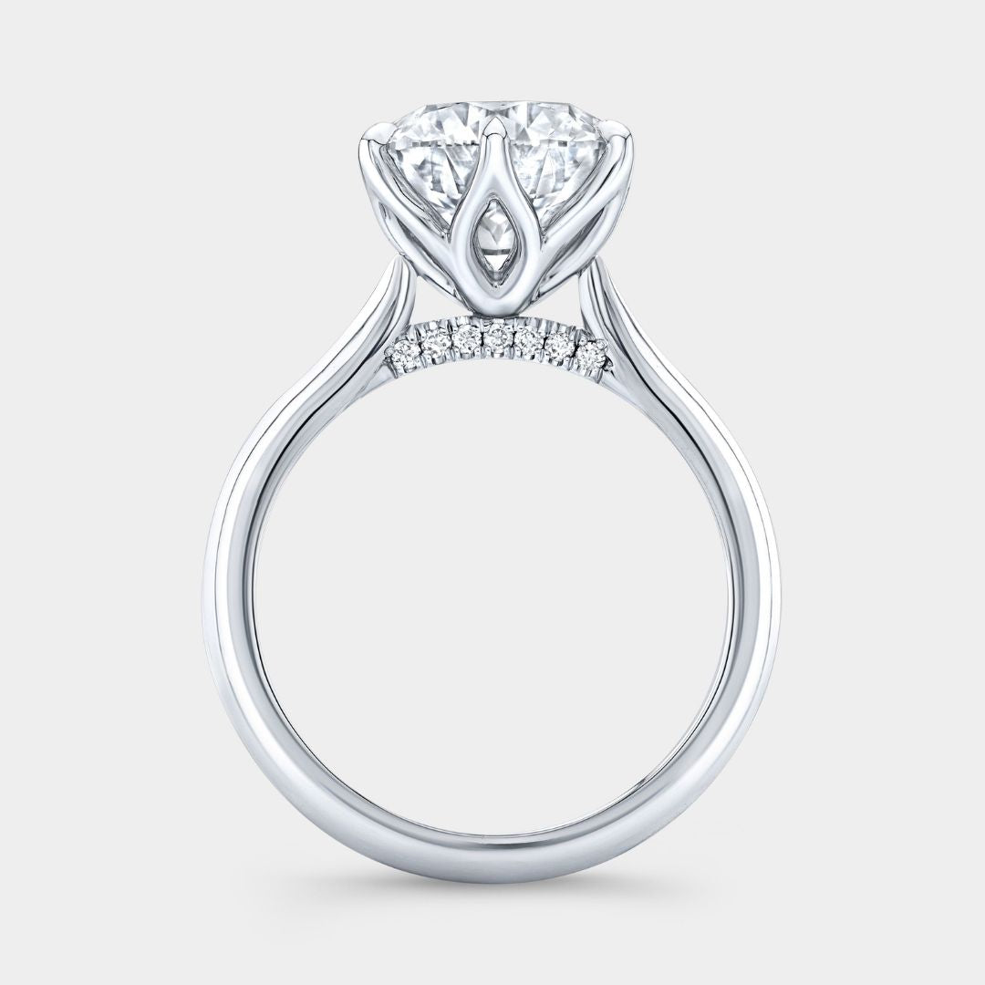 Round Diamond Tulip Basket 6 Prong Pave Diamond Bridge Low Tapered Cathedral Solitaire Platinum Engagement Ring