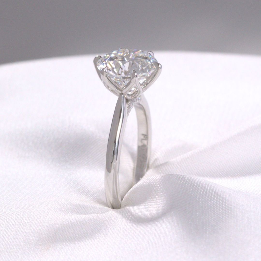 Round Diamond Tulip Basket 6 Prong Pave Diamond Bridge Low Tapered Cathedral Solitaire Platinum Engagement Ring