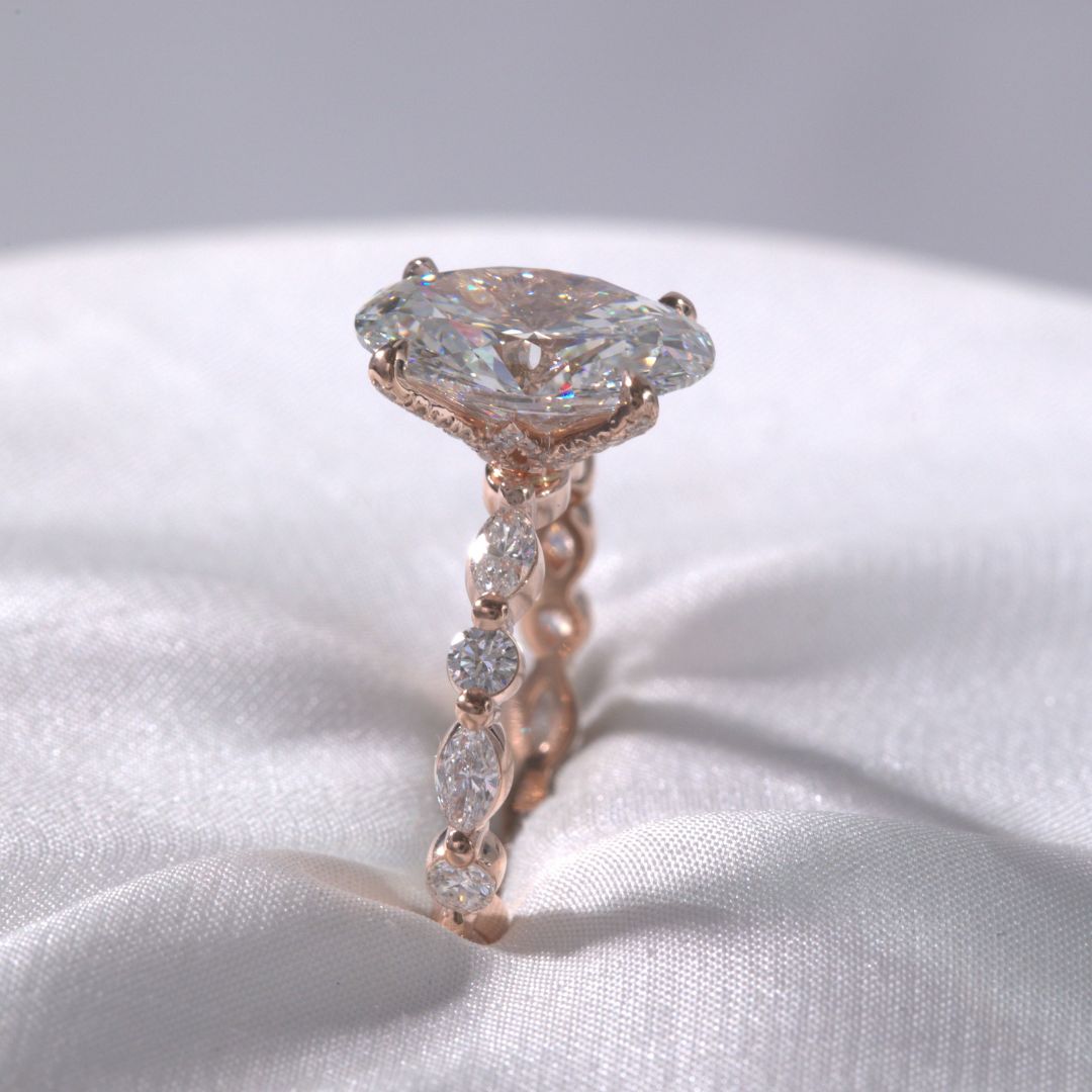 Oval Diamond Tulip With Full Diamond Basket with Round & Marquise Diamond Band Rose Gold Engagement Ring