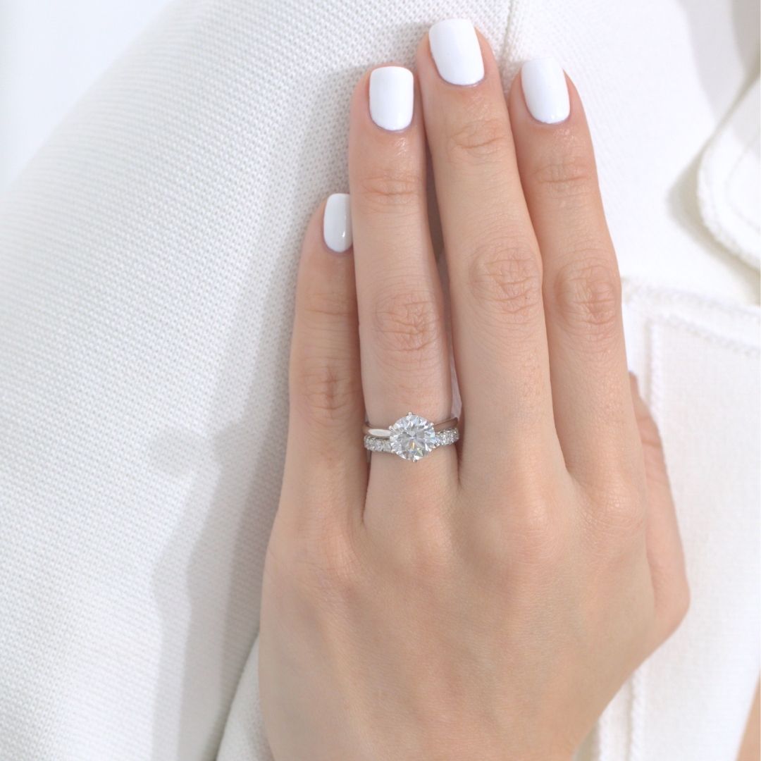 Round Diamond Tulip Basket 6 Prong Pave Diamond Bridge Low Tapered Cathedral Solitaire Platinum Engagement Ring
