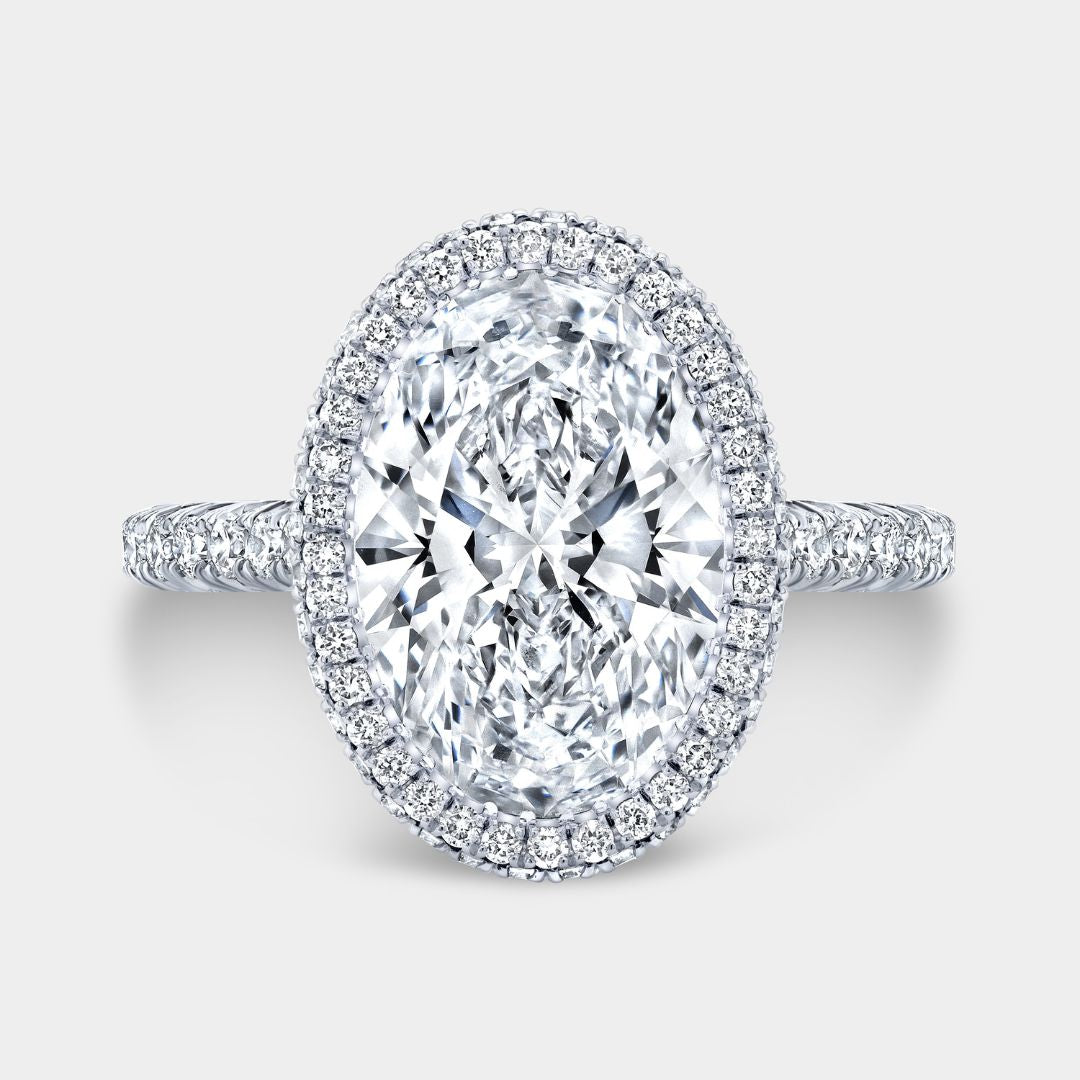 Oval Diamond Seamless Double Halo Tapered Cathedral French Pavee Platinum Engagement Ring
