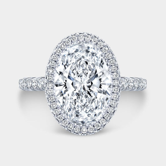 Oval Diamond Seamless Double Halo Tapered Cathedral French Pavee Platinum Engagement Ring
