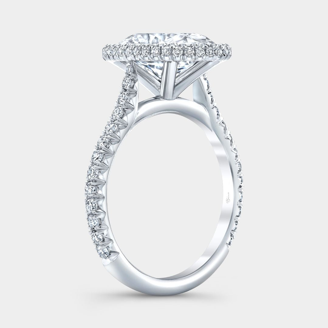 Oval Diamond Seamless Double Halo Tapered Cathedral French Pavee Platinum Engagement Ring