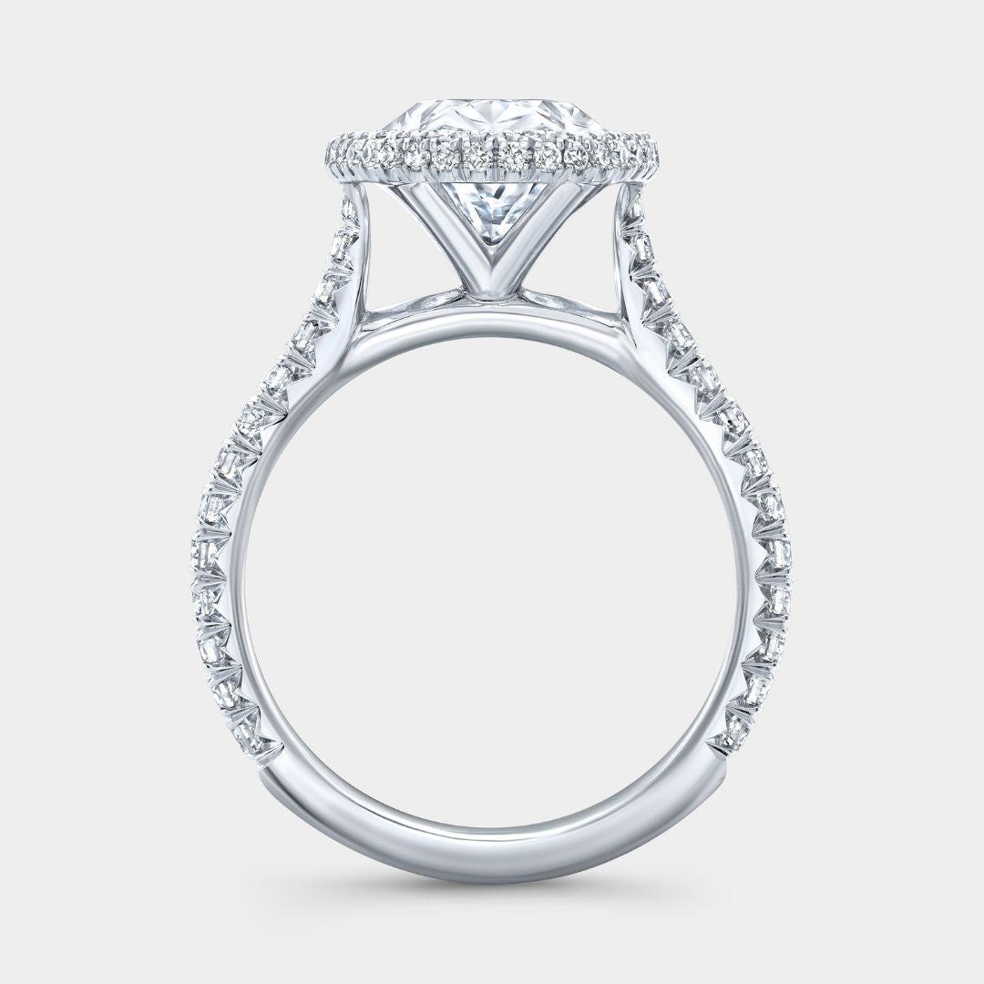 Oval Diamond Seamless Double Halo Tapered Cathedral French Pavee Platinum Engagement Ring