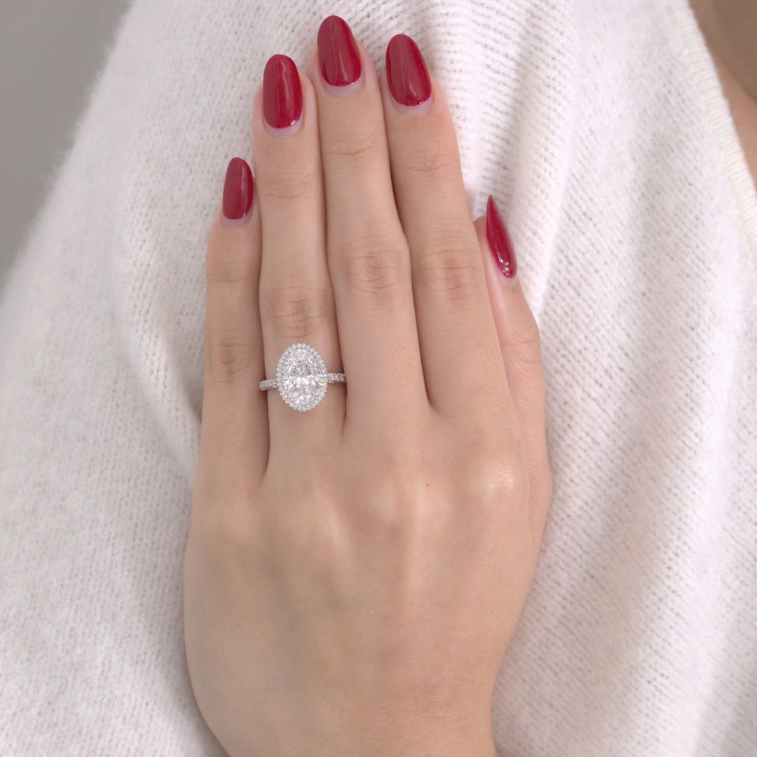 Oval Diamond Seamless Double Halo Tapered Cathedral French Pavee Platinum Engagement Ring