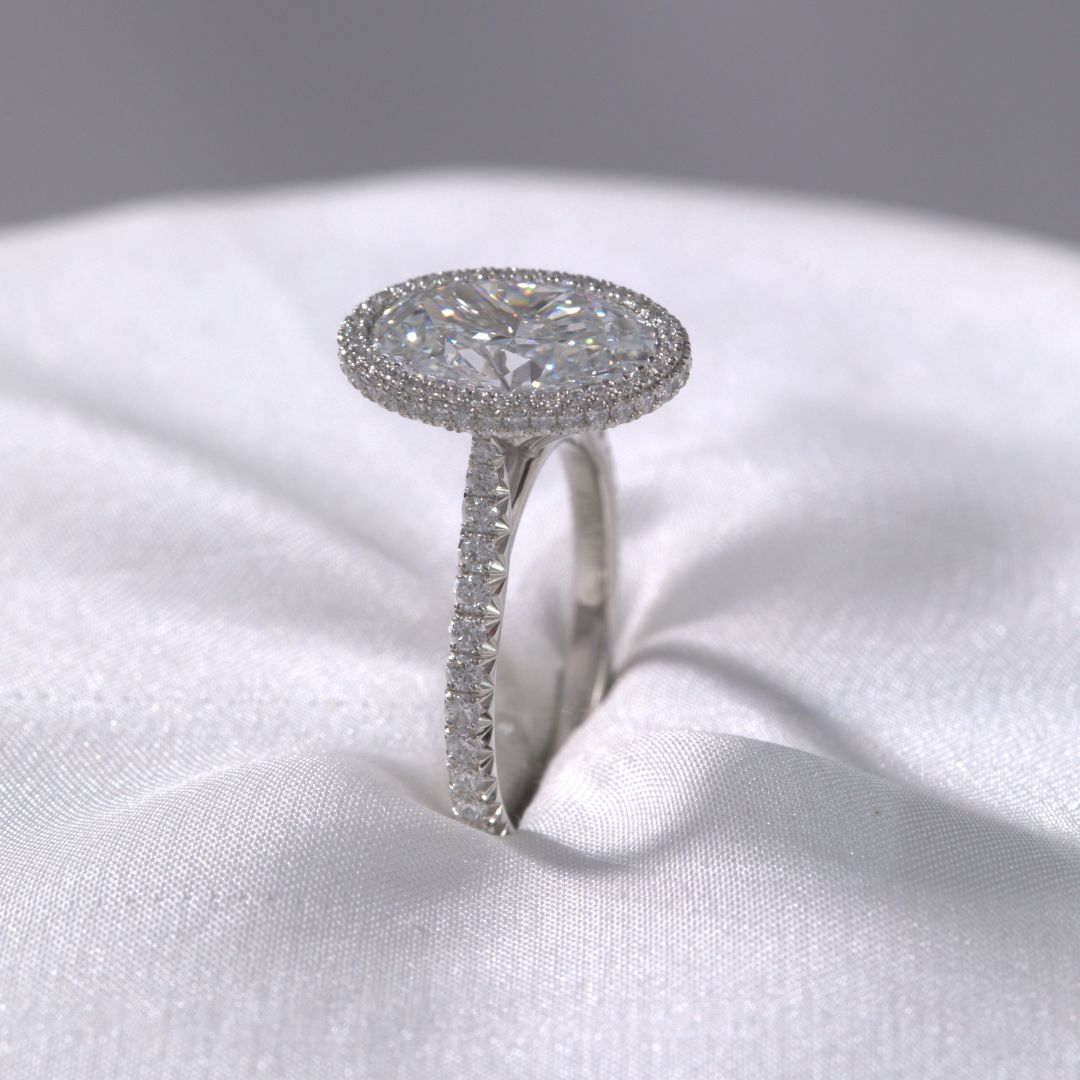 Oval Diamond Seamless Double Halo Tapered Cathedral French Pavee Platinum Engagement Ring