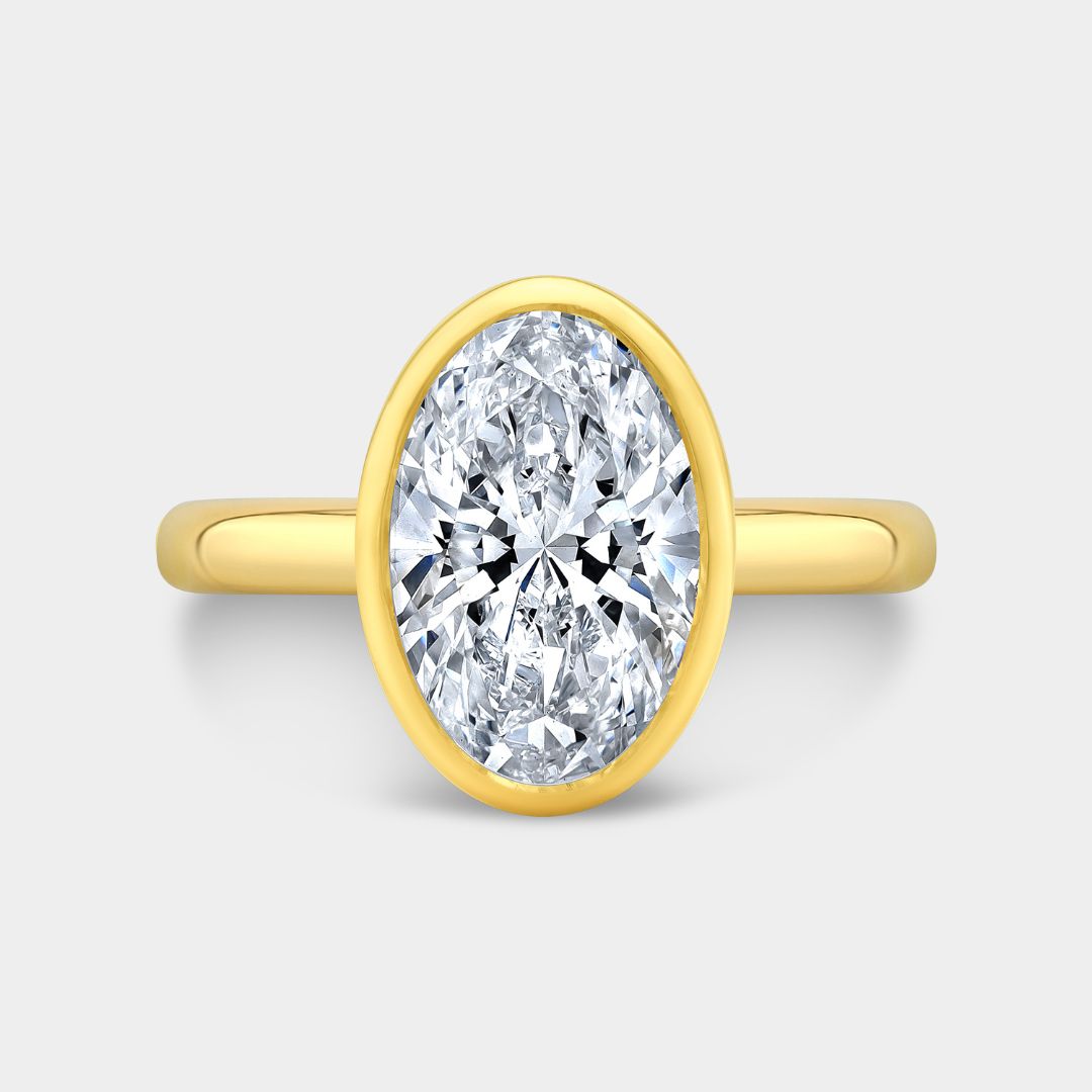 Oval Diamond Bezel Set Tulip Basket Tapered Cathedral Solitaire Yellow Gold Engagement Ring